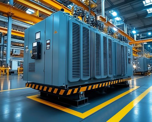 A large, modern industrial transformer is situated in a spacious, well-lit factory environment, representing power and technological advancement.