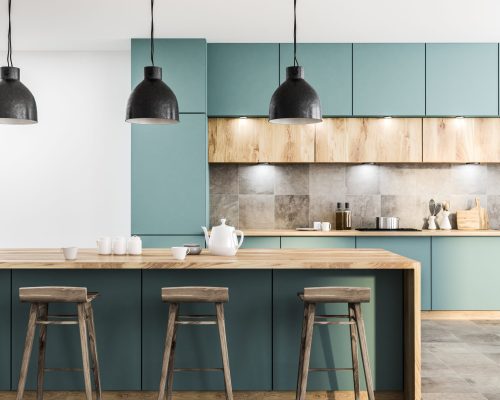 Green kitchen with bar close up