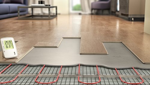 Process of laying laminate panels on floor with underfloor heating, 3d illustration