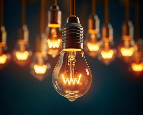 Multiple retro-style light bulbs hang from the ceiling in a dark room, casting a nostalgic glow. They create a captivating vintage ambiance. Idea concept. Teamwork. AI generative illustration.