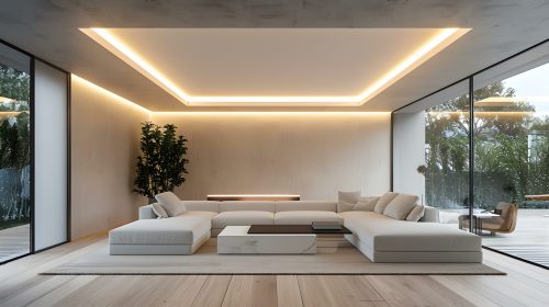 Installing Modern LED Lighting on a Suspended Ceiling in a Minimalist Living Room Setting. Concept Home Renovation, LED Lighting, Suspended Ceiling, Minimalist Design, Modern Living Room