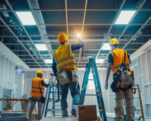 Team of electricians retrofitting a commercial building with energy-efficient LED lighting upgrades reducing energy consumption and operating costs.