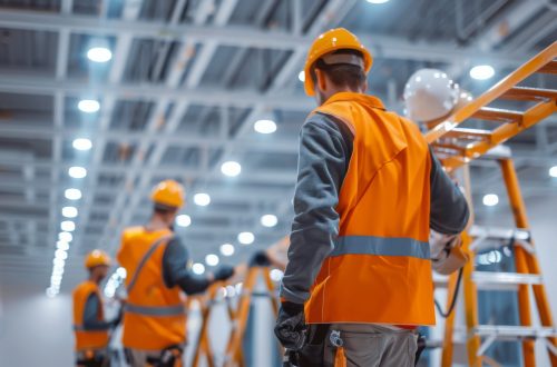 Team of electricians retrofitting a commercial building with energy-efficient LED lighting upgrades reducing energy consumption and operating costs.